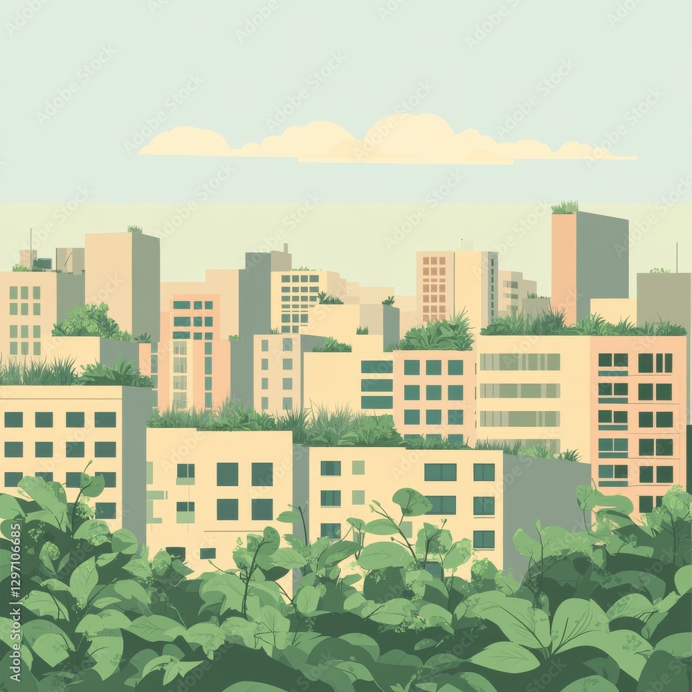 A vibrant urban skyline with lush green rooftops, reflecting harmony between nature and city life. A vibrant urban skyline with lush green rooftops, reflecting harmony between nature and city life.