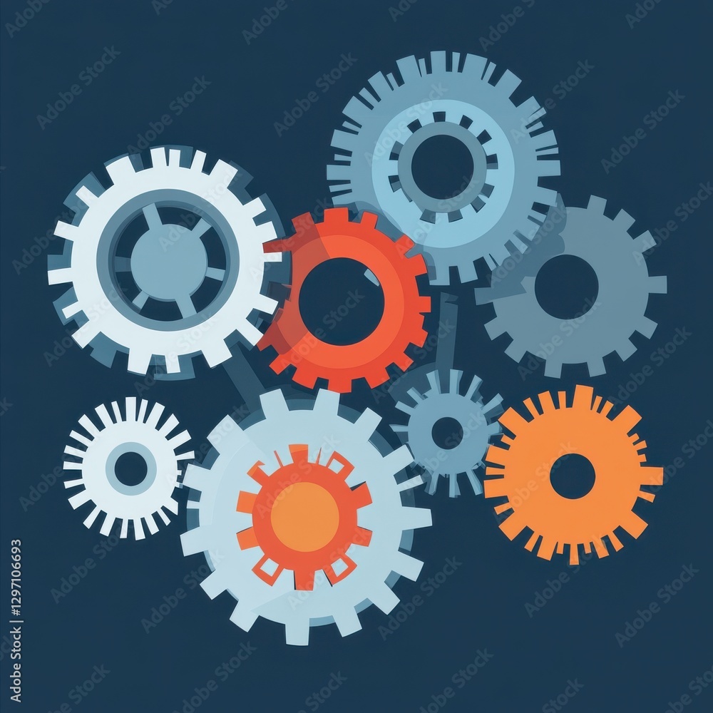 A vibrant arrangement of interconnected gears in various sizes and colors on a dark background. A vibrant arrangement of interconnected gears in various sizes and colors on a dark background.
