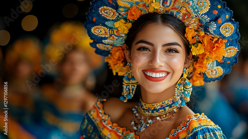 Woman in vibrant traditional festival attire smiling, blurred background. Possible use stock photo for travel, culture, or celebration