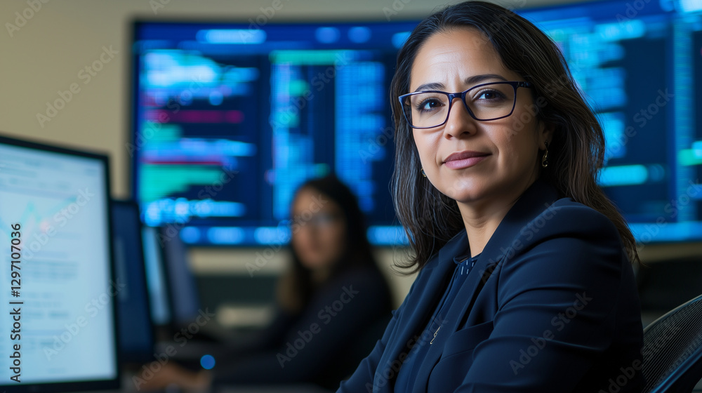 Hispanic senior data scientist reviews risk management in high-tech room Hispanic senior data scientist reviews risk management in high-tech room
