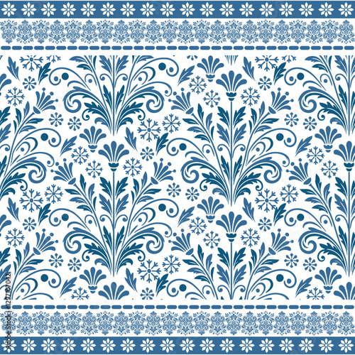 soft blue vintage floral seamless pattern with ornate border for decorative print and fabric
