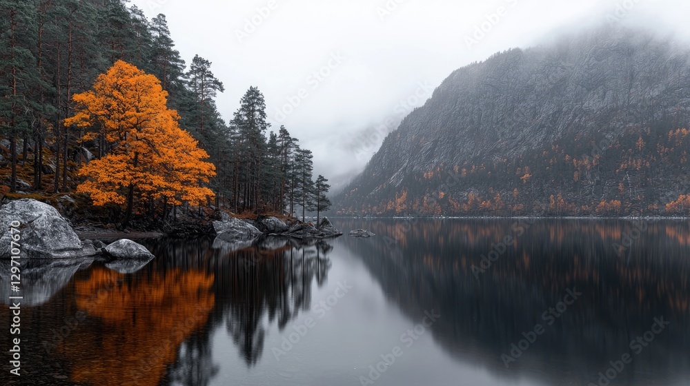 Fototapeta premium Misty Autumn Lake, Reflection, Tranquil Scenery, Peaceful Forest, Outdoor