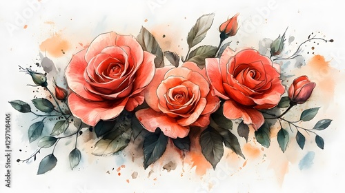 Intricate and Elegant Loose Watercolor Doodle of a Delicate Rose Flower Bouquet with Captivating Line Art Elements