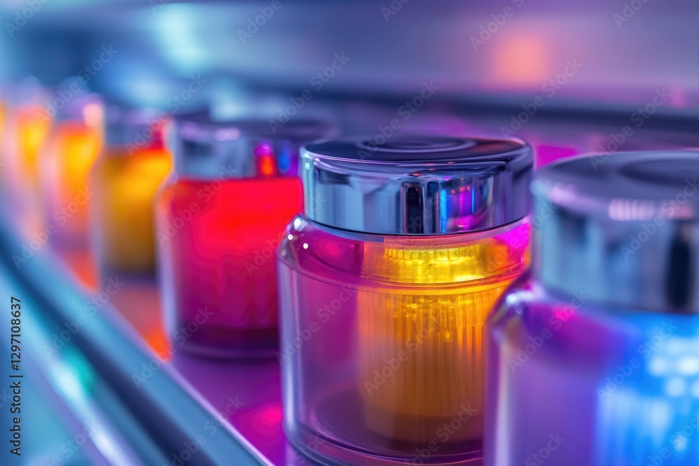 A row of colorful jars sitting on a kitchen or dining room counter, ideal for use in food or home decor photography A row of colorful jars sitting on a kitchen or dining room counter, ideal for use in food or home decor photography