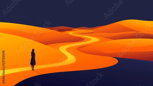 Exploring solitude a woman's journey through a desert landscape at dusk digital art serene viewpoint self-discovery