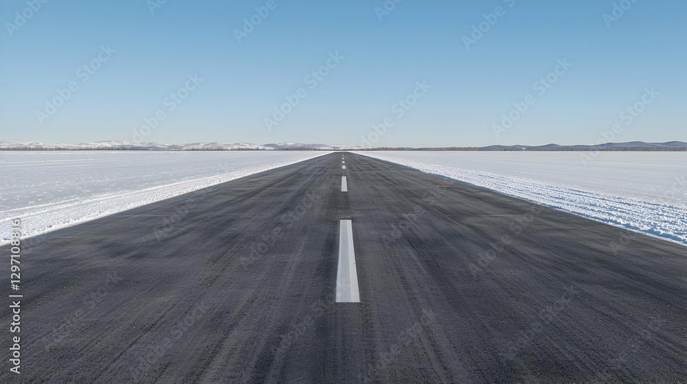 Fototapeta premium Snowy runway vanishing point, clear sky, mountains background, travel poster