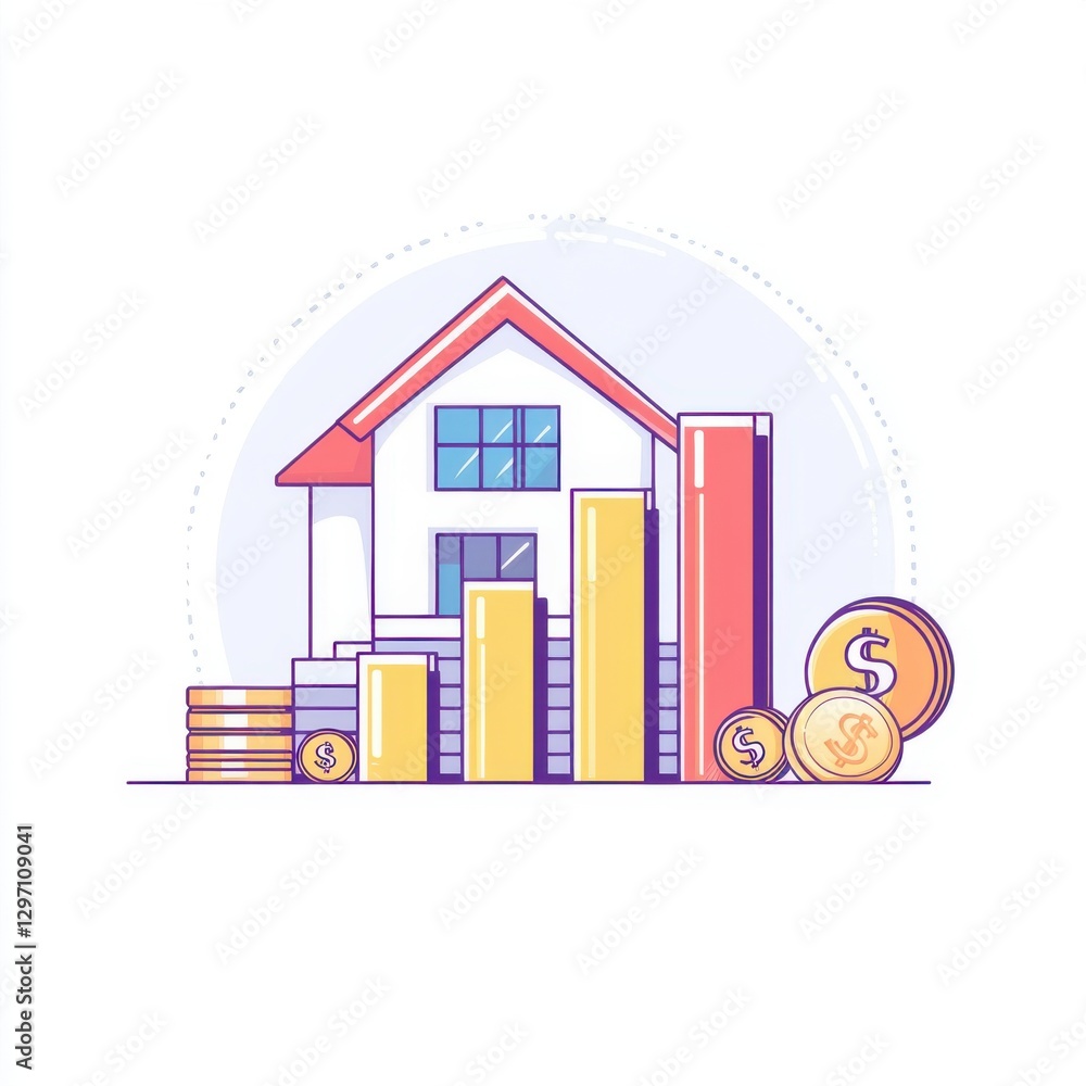 Stylized illustration of a house with coins and bar graphs, symbolizing real estate investment and growth. Stylized illustration of a house with coins and bar graphs, symbolizing real estate investment and growth.