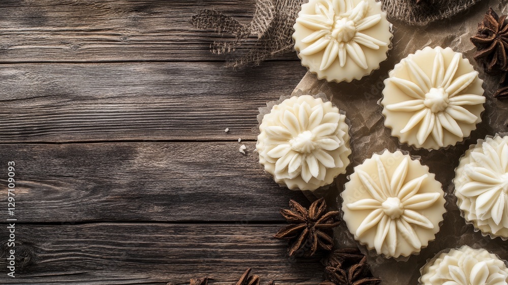 Intricate Floral Kuih Semperit on Rustic Wooden Table with Natural Light Intricate Floral Kuih Semperit on Rustic Wooden Table with Natural Light