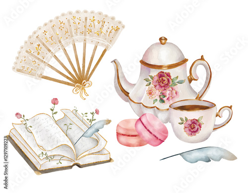 watercolor composition featuring a vintage teapot with floral designs, macarons, and an open book