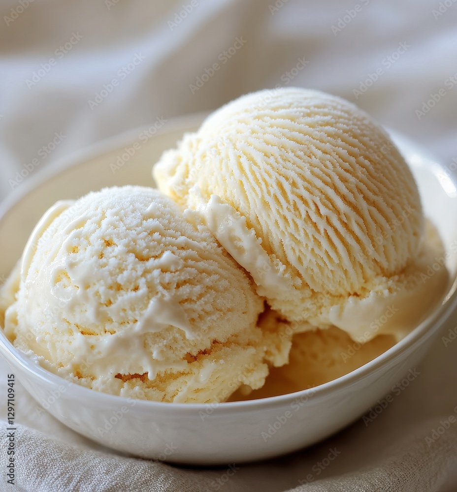 Creamy Vanilla Ice Cream Scoops in a White Bowl on a Soft Cloth Background Perfect for Summer Desserts and Refreshing Treats Creamy Vanilla Ice Cream Scoops in a White Bowl on a Soft Cloth Background Perfect for Summer Desserts and Refreshing Treats