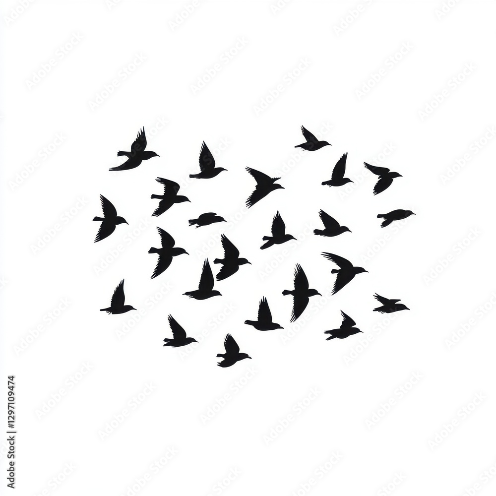 A flock of silhouetted birds in flight against a white background, creating a sense of freedom and motion. A flock of silhouetted birds in flight against a white background, creating a sense of freedom and motion.