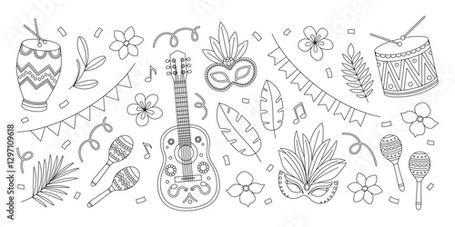 Brazil Carnival coloring page. Outline set with guitar, maracas, drums, masks with feathers, flowers, leaves, garlands and confetti. Contour festival elements collection. Coloring book for print