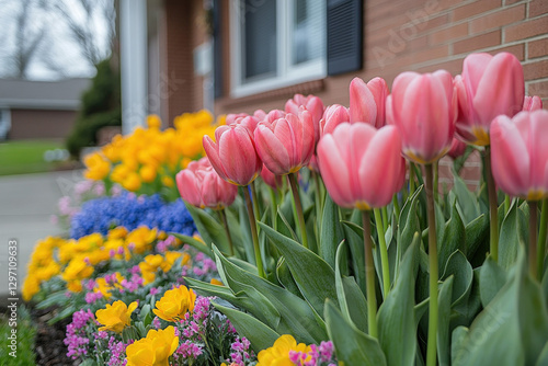 A real estate sign surrounded by spring flowers, vibrant and inviting, home theme.