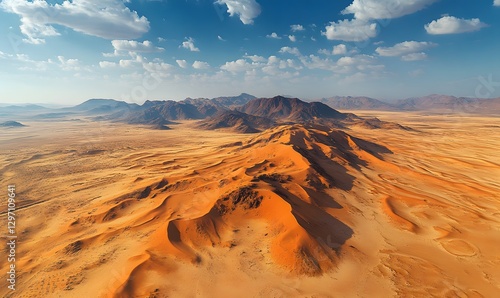 An expansive desert landscape with rolling sand dunes and distant mountains under a blue sky with clouds