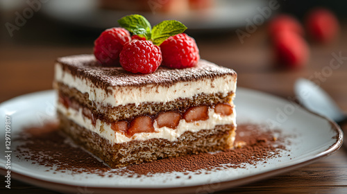 A close-up shot of a delicious slice of Tiramisu topped with fresh raspberries and a sprig of mint