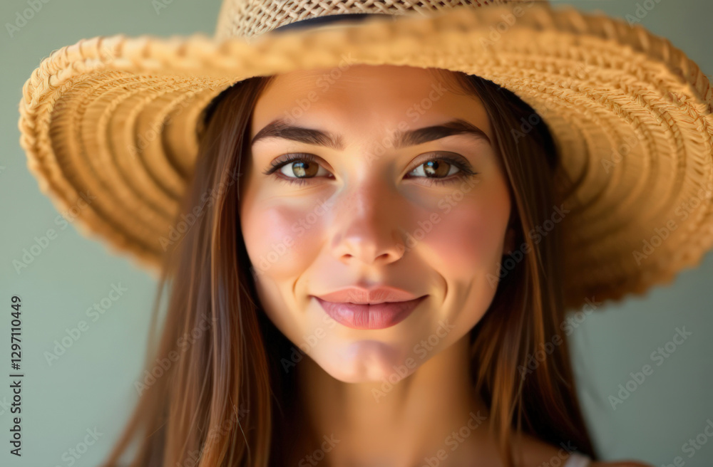 Young caucasian female wearing straw hat smiling at the camera Young caucasian female wearing straw hat smiling at the camera