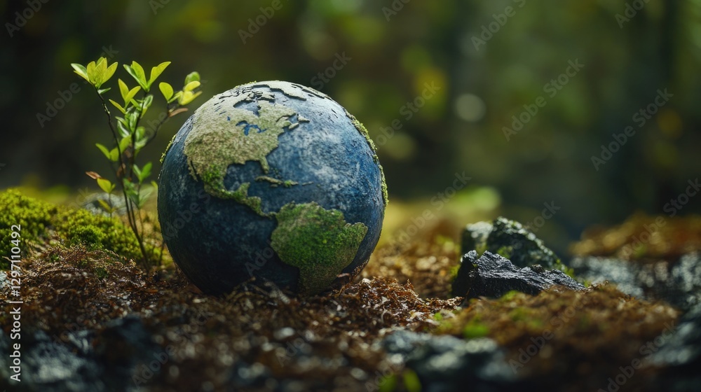 A small blue and green globe sitting on a pile of moss, ideal for use in illustrations about travel, nature, or environmental issues A small blue and green globe sitting on a pile of moss, ideal for use in illustrations about travel, nature, or environmental issues