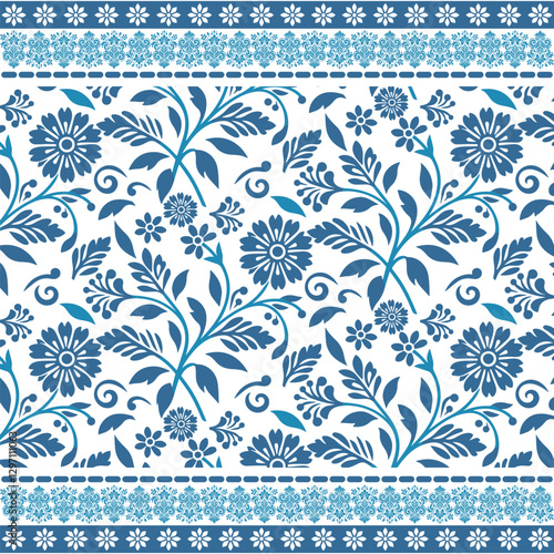 stylish blue decorative floral seamless pattern with intricate border for wedding and fashion
