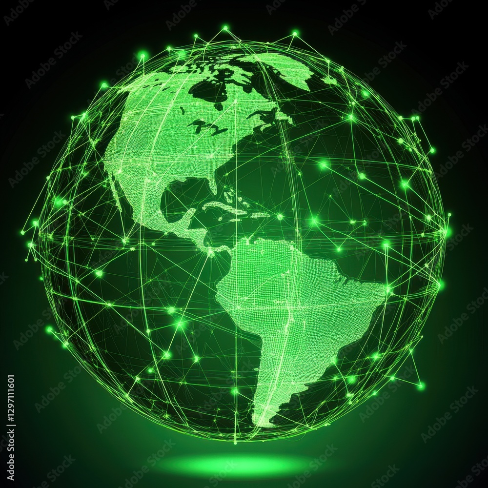 A glowing green digital globe showcasing interconnected networks, symbolizing global connectivity and technology.