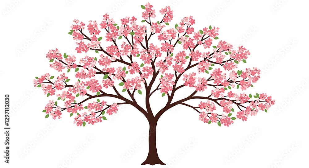 Obraz premium Blooming Cherry Blossom Tree with Pink Flowers and Green Leaves