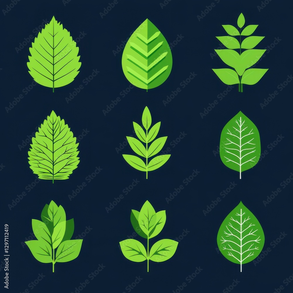 A vibrant collection of green leaves in various shapes and sizes, set against a dark background. A vibrant collection of green leaves in various shapes and sizes, set against a dark background.