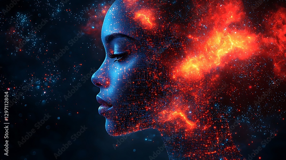 Digital Woman Embraces Cosmic Fire And Nebula Digital Woman Embraces Cosmic Fire And Nebula