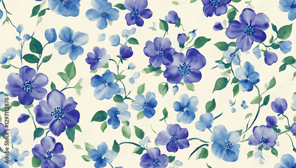 A romantic pansy pattern with a hand-painted feel, featuring delicate flowers in a blue and purple color scheme A romantic pansy pattern with a hand-painted feel, featuring delicate flowers in a blue and purple color scheme