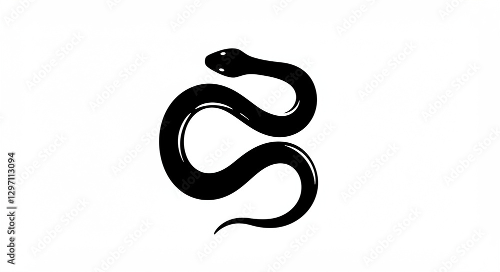 Fototapeta premium Stylized Black Snake Illustration: Simple Silhouette of a Curvy Serpent on a White Background