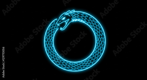 Neon Blue Ouroboros: Glowing Serpent Biting its Tail in a Circle, Illuminating the Darkness on a Black Background
