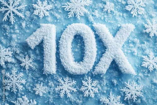 Snowflakes surround a frosty 10X on a blue background perfect for winter themes and seasonal greetings. Generative AI