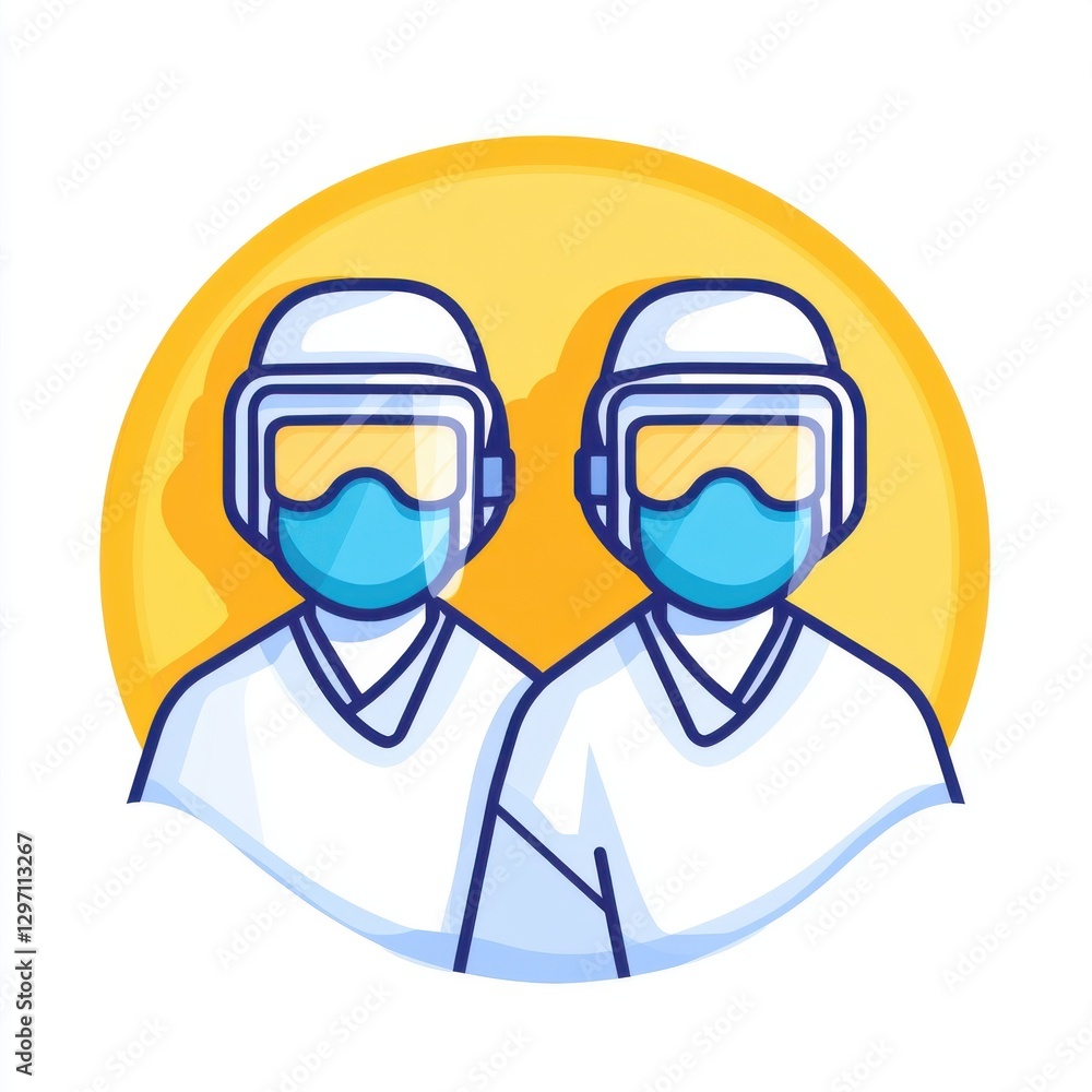 Two healthcare professionals in protective gear with blue masks, symbolizing safety and care. Two healthcare professionals in protective gear with blue masks, symbolizing safety and care.