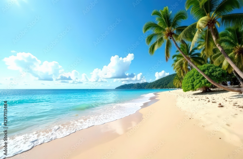 Idyllic tropical beach with palm trees and pristine sand under clear blue sky Idyllic tropical beach with palm trees and pristine sand under clear blue sky