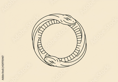 Minimalist Ouroboros Line Art: Two Snakes Forming a Circle, Symbolizing Eternity and Duality, on a Cream Background