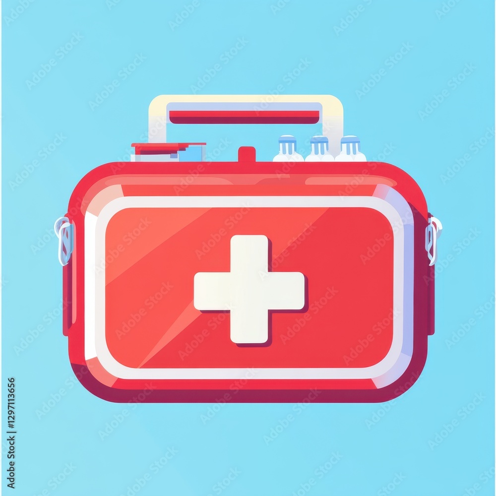 Obraz premium A vibrant red first aid kit with a white cross symbol against a light blue background.