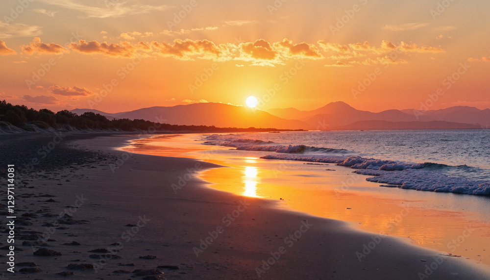 Tranquil sunrise on empty beach with golden waves, peace and serenity Tranquil sunrise on empty beach with golden waves, peace and serenity