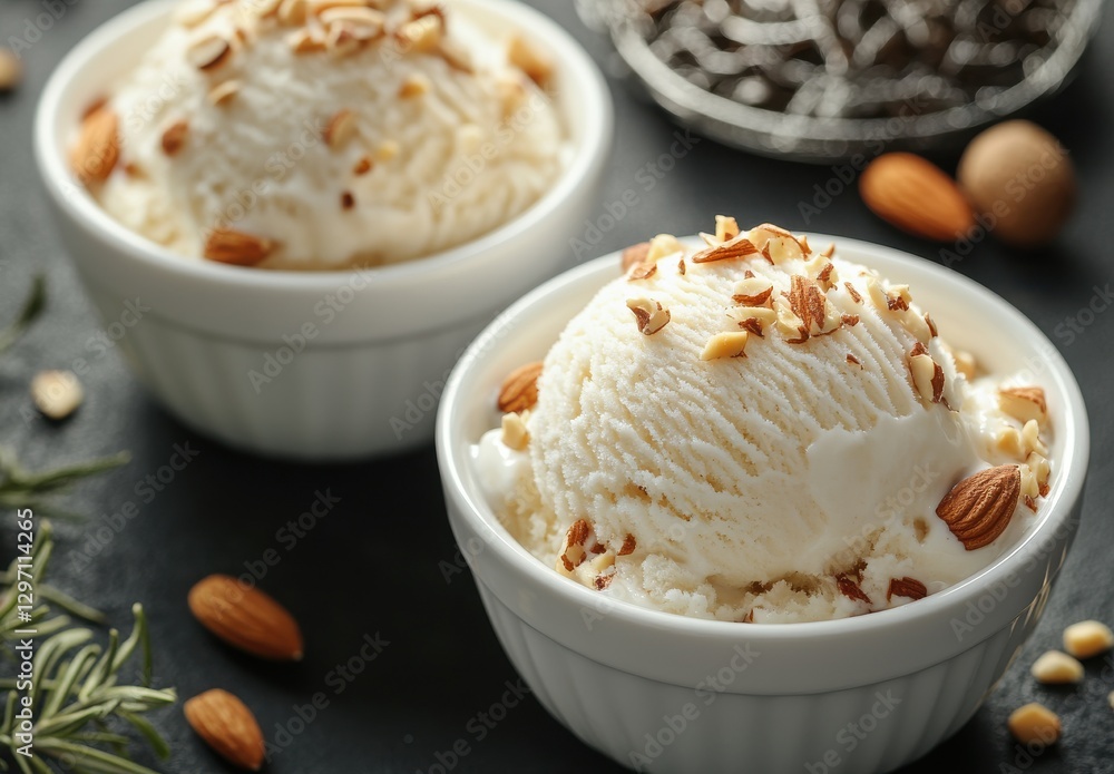 Creamy vanilla ice cream topped with crunchy chopped almonds served in elegant white bowls on a rustic dark table with decorative elements Creamy vanilla ice cream topped with crunchy chopped almonds served in elegant white bowls on a rustic dark table with decorative elements