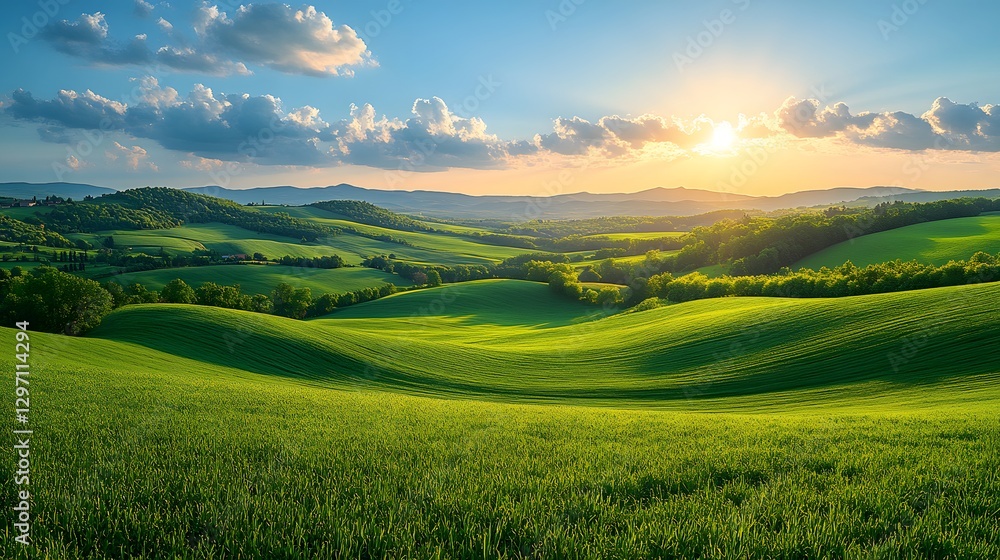 Rural Hills: A Scenic Summer Landscape with Vibrant Pasture and Charming Vegetable Garden Rural Hills: A Scenic Summer Landscape with Vibrant Pasture and Charming Vegetable Garden
