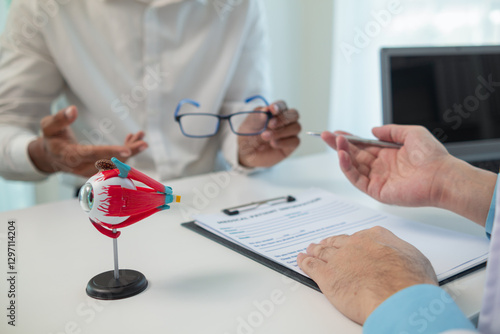 ophthalmologist is examining the patient's eye abnormalities to correct them so that they can see more clearly. ophthalmologist is examining the vision to recommend the appropriate eyeglasses.