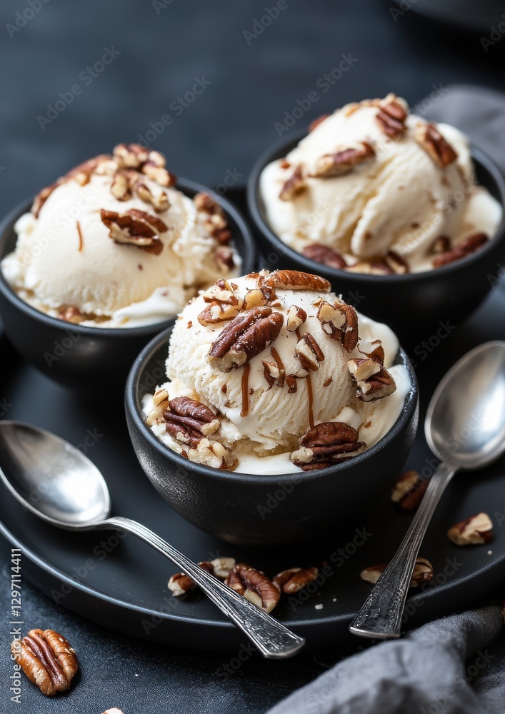 Creamy vanilla ice cream topped with crunchy pecans in stylish black dessert bowls on a dark stone table Creamy vanilla ice cream topped with crunchy pecans in stylish black dessert bowls on a dark stone table