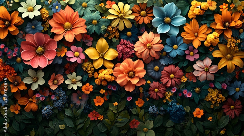 Vibrant Abstract Illustration of Diverse Spring Flowers on a Lush Green Background for Nature Enthusiasts Vibrant Abstract Illustration of Diverse Spring Flowers on a Lush Green Background for Nature Enthusiasts