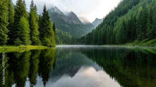 Tranquil lakeside morning with mist and reflections surrounded by dense pine trees in a mountain landscape