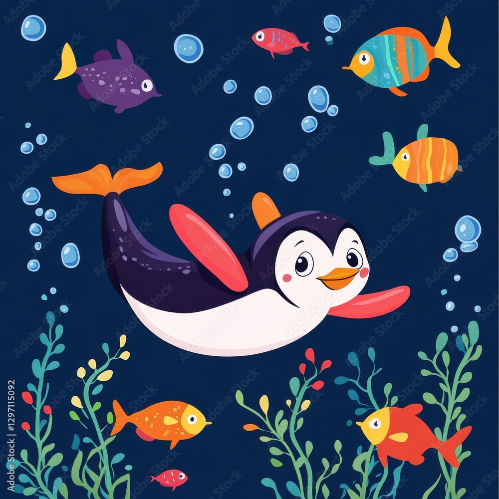 A cheerful cartoon penguin swimming surrounded by colorful fish and bubbles in an underwater scene. A cheerful cartoon penguin swimming surrounded by colorful fish and bubbles in an underwater scene.