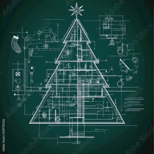 Blueprint of a Christmas tree design with intricate details and engineering elements.