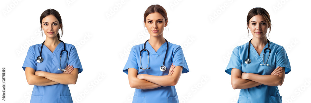 A Set of Professional Female Nurses in Blue Scrubs with Stethoscopes Isolated on Transparent Background A Set of Professional Female Nurses in Blue Scrubs with Stethoscopes Isolated on Transparent Background