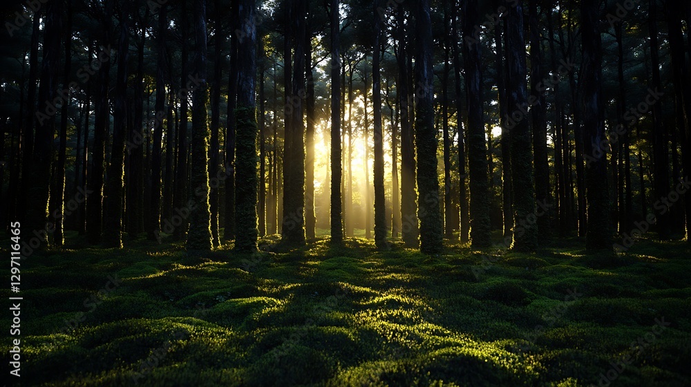 Fototapeta premium Sunlight filtering through misty forest