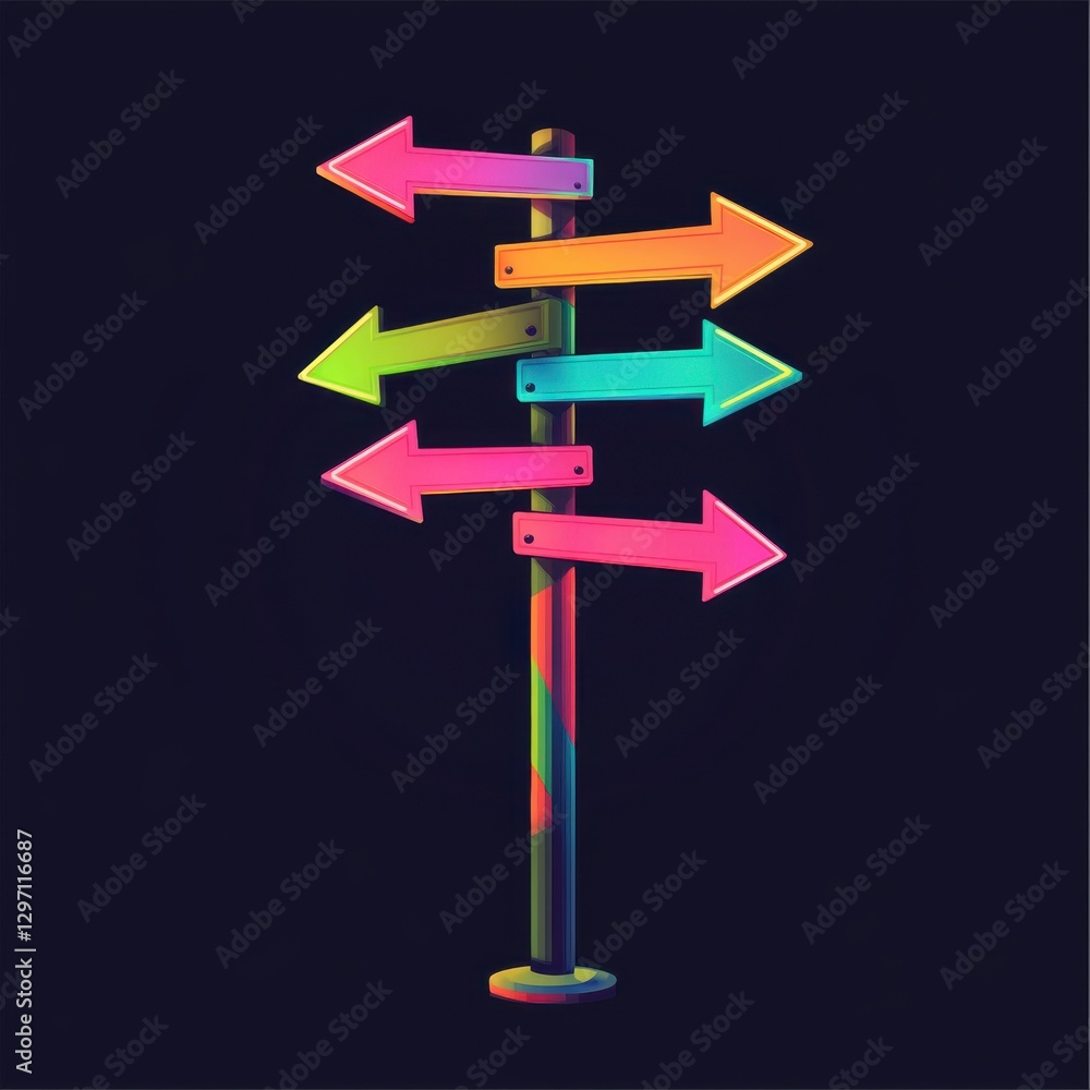 Colorful directional arrows on a pole against a dark background, symbolizing choices and possibilities. Colorful directional arrows on a pole against a dark background, symbolizing choices and possibilities.