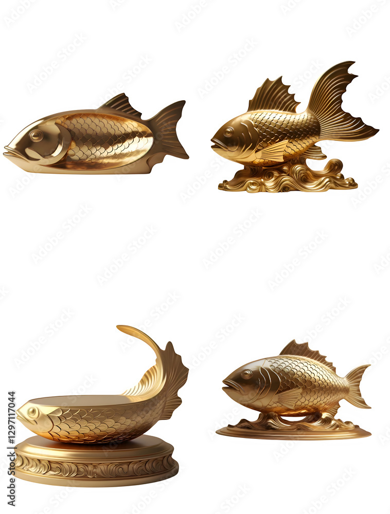 Obraz premium set of four, fishes, gold fish, isolated, transparent background, golden fish, dragon, asia, statue, gold, thailand, sculpture, art, decoration, golden, china, thai, decoration pieces, engraved, 