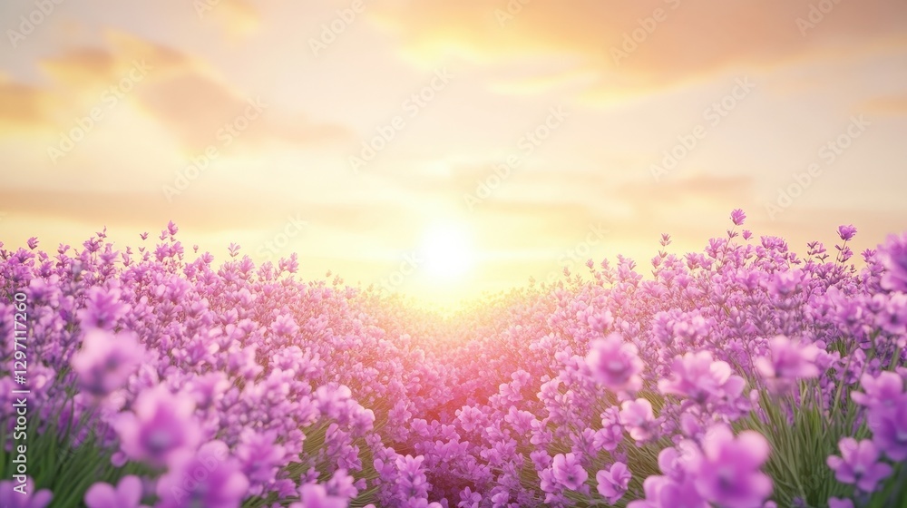 Fototapeta premium Lavender Field in Bloom Under Pastel Sunset Stretching to Horizon