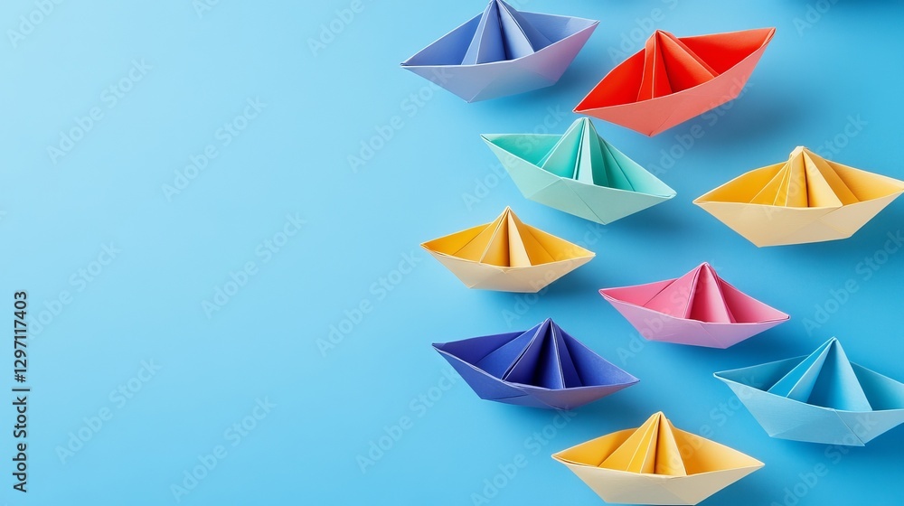 An overhead view of colorful paper boats arranged on a blue background illustrating leadership and business competition An overhead view of colorful paper boats arranged on a blue background illustrating leadership and business competition