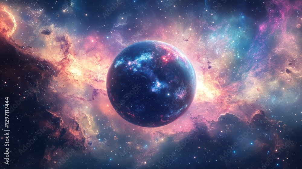 Obraz premium A single planet surrounded by cosmic nebula and many twinkling stars